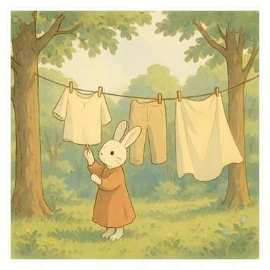 bunny hanging laundry between trees, calming domestic forest feel, soft pastel colors, flawless, high quality, no imperfections sticker