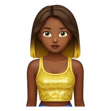 Sasha from Bratz with long light dark brown hair, dark skin, hazel eyes, yellow sequin crop top sticker