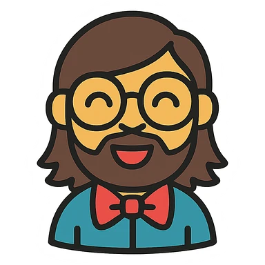 Add long hair and a beard to the nerd with big round glasses and bow tie, keeping the original style and transparent background. sticker