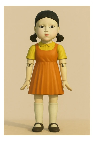 Red Light Green Light doll from Squid Game, yellow and orange dress, pigtails, standing, simple background sticker