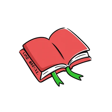 open red hardcover book with green ribbon bookmark sticker