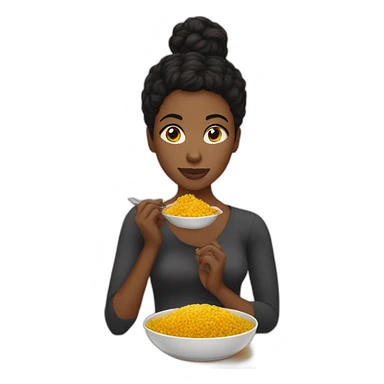 Black woman with black short hair in a bun, eating rice with curry sticker