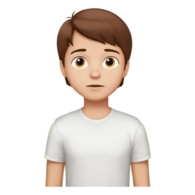 a boy with brown hair in white T-shirt thinking about a park sticker