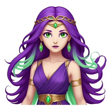 a powerful woman with beige skin, long flowing purple hair, and glowing green eyes. She wears an elegant, ancient Greek-style dress and is surrounded by purple magical energy.” sticker