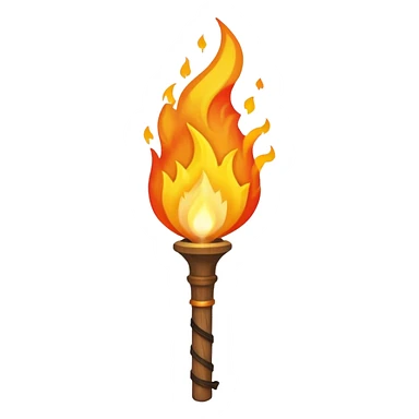 Indiana Jones-style flaming torch: worn wooden stick, bright orange flame, dark and realistic atmosphere. sticker