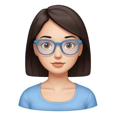 mujer de 30 años, cabello marron oscuro, anteojos cuadrados BLANCOS, top celeste escote cuadrado, piel blanca, cara redonda sticker