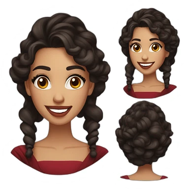 young moroccan woman with dark brown eyes, brown long curling hair with lighter tips, red lips, big smile, cleavage black dress sticker