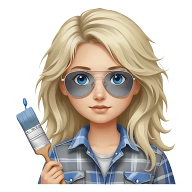 girl with long blond messy hair, "white paint on her face" wearing grey plaid shirt with blue eyes and aviator sunglasses wearing a ring on her silver necklace, holding a paint brush roller sticker