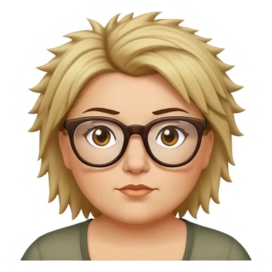  plus size white women with short medium brown and blonde shaggy spiked hair wearing glasses with hazel color eyes and flat nose sticker