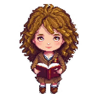 pixel art style Hermione Granger character with bushy hair and book sticker