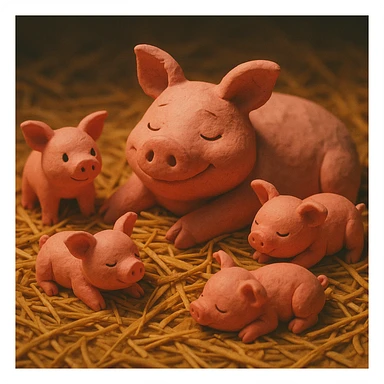 claymation style mother pig lying in straw with piglets around her, soft lighting, vibrant and cute sticker