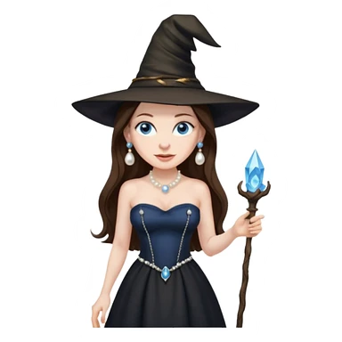 woman brunette, very large breasts, pale skin, blue eyes, long brown hair, black strapless dress, witch hat, pearl earrings, smirking, in black heels, standing, head to toe, full body, zoomed out, entire outfit visible sticker