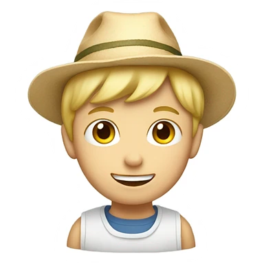 blonde boy with hat and food sticker