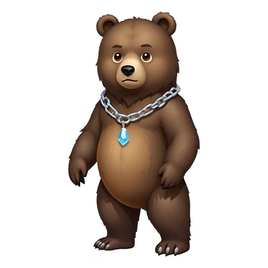 Very dark brown bear in full body view on all four legs, highly realistic fur texture, serious expression, full-length view with ice chain around neck sticker