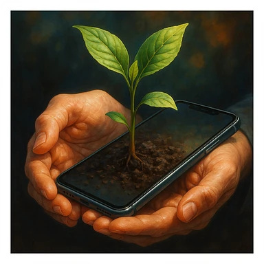 hands holding a plant sprouting from a smartphone, detailed, vibrant, digital art sticker