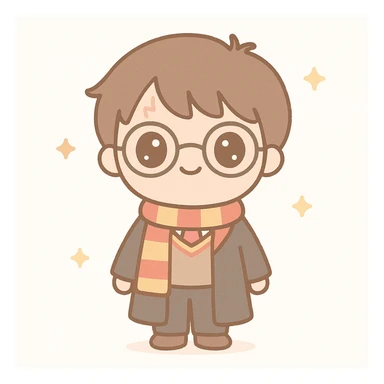 full body cute Harry Potter with big eyes, traditional Gryffindor uniform, standing, friendly expression, inspired by provided references sticker
