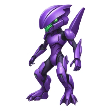 a purple-green Genesect-Raptor-Fakémon—hybrid with a futuristic visor-helmet full body sticker