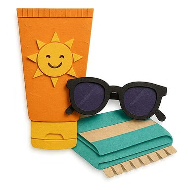 tube of sunscreen with a smiling sun, next to sunglasses and a towel, paper-craft style sticker