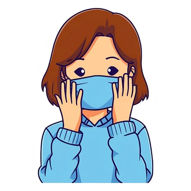 brunette girl with brown hair wearing pastel blue clothes covering her face with her hand sticker