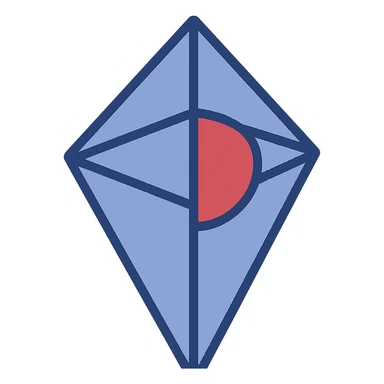 Reimagine the No Man's Sky logo in a minimalistic, flat blue style consistent with previous icons in this style. Use almost exclusively shades of blue for the diamond shape, but keep the red semicircle (Atlas) intact. Clean, simple lines, fully transparent background, minimal use of other colors, prioritize clarity and recognizability. sticker