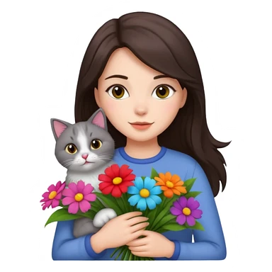 brunette woman holding bouqet and cat sticker