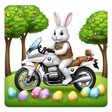 Easter bunny riding a BMW boxer motorcycle with trees and grass in the background and colorful Easter eggs hidden in the grass sticker
