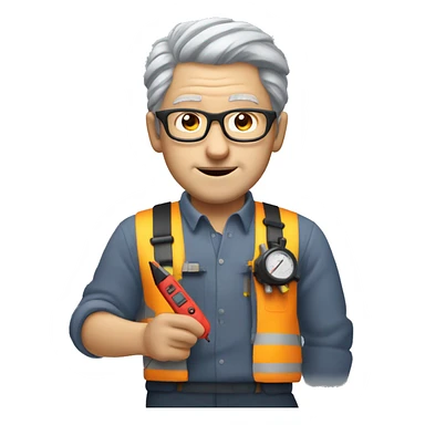 this man grey hair with less hair and glasses and dressed like an electrician with multimeter sticker