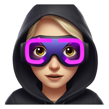 Russian girl wearing black hoody with violet letters "OMG", in vr headset oculus quest2. No eyes on headset. Cyberpunk style. Violet neon. sticker