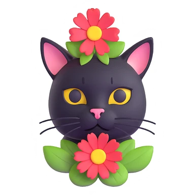 A black cat with a flower on its head in a field of flowers, close-up sticker