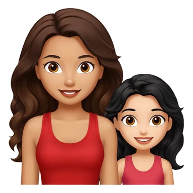 generate a pretty tan bratz girl with brown wavy hair long wearing a red tank top talking to a girl with black hair sticker