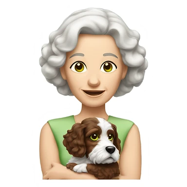 Green eyed old brunette lady with brown and white Cockapoo puppy dog sticker
