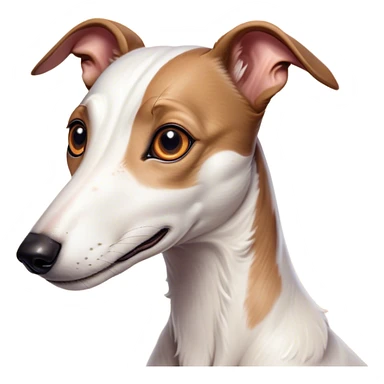 Cinematic Cute White and Brown Greyhound Portrait Emoji, Head tilted playfully and inquisitively, featuring a smooth white Fur with vibrant brown accents and round, sparkling eyes filled with curiosity, Simplified yet irresistibly adorable features, highly detailed, glowing with a warm, friendly glow, high shine, affectionate and nimble, stylized with a touch of whimsy, bright and endearing, soft glowing outline, capturing the essence of a mischievous yet loving racer, so playful it feels like it could sprint out of the screen and into your arms! sticker