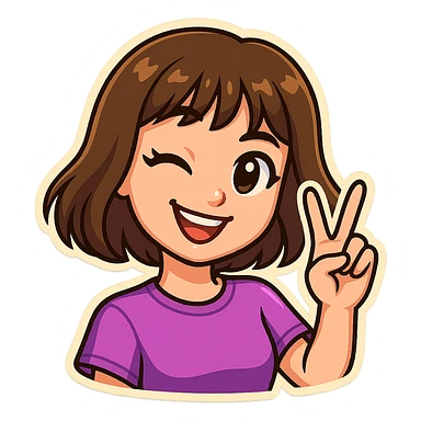 Create a Telegram sticker style character of a cheerful girl inspired by Russian singer Dora. She is smiling, winking with one eye, and showing a V sign with her fingers. Match the style, color palette, and shading of the provided sticker reference, including big expressive eyes, simple shapes, soft shadows, white border, and transparent background. sticker