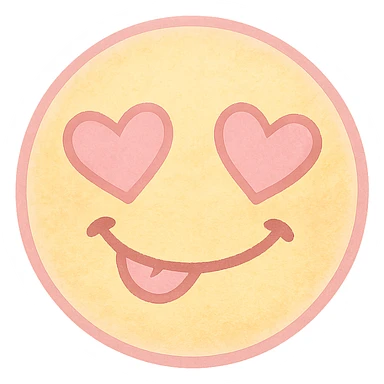 cute emoji, heart eyes, playful grin, pastel pink and yellow sticker