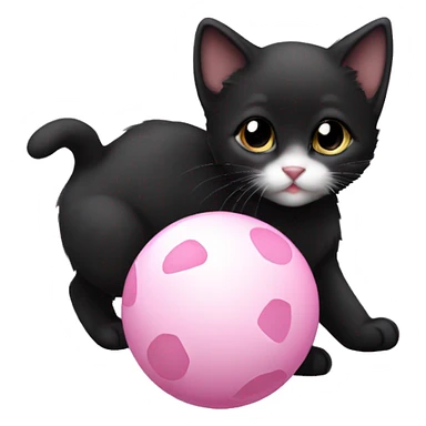 black kitten with white paws and white chest and a white nose playing with pink ball sticker