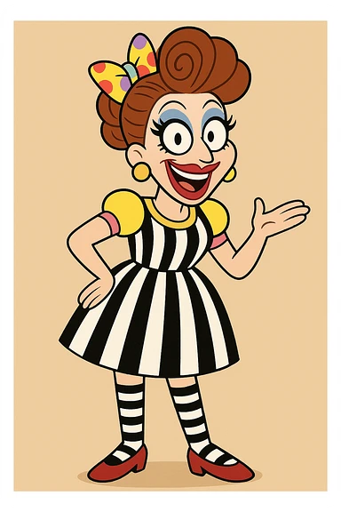 Bianca Del Rio red and purple spots hair ribbon yellow pink blue and Stripes dress black and white stripes socks red shoes  sticker