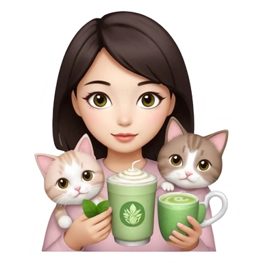 asian girl with short dark brown hair and dark brown eyes with a soft girl pink glowup aesthetic, matcha latte, 2 light brownragdoll cats, and sparkles, makeup, and money. more sparkles sticker
