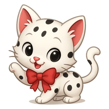 Make the kitty in a playful pose, keep it small, white with small black spots and a red bow, with no background. The style should be suitable for a small, cute cat illustration with no background. sticker