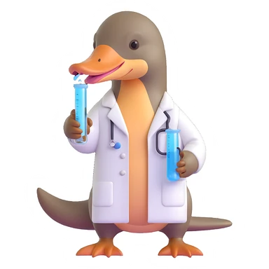 cute platypus with a white lab coat, holding a test tube sticker
