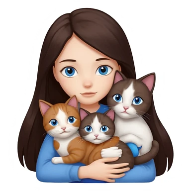 a girl with long dark 
brown hair, with blue eyes, hugs 3 different natural coloured cats sticker