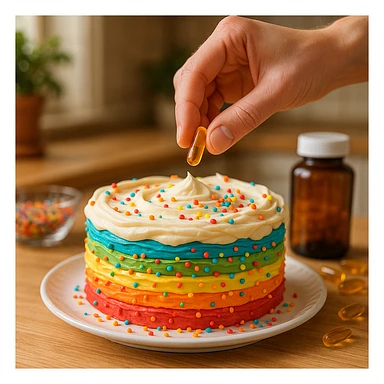 realistic style, joyful atmosphere, hand adding a dietary supplement capsule on a colorful cake, detailed, home kitchen sticker