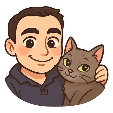Transform this photo into an expressive cartoon emoji with a transparent background. Emphasize the cat and the warm, knowing expression shared between the human and the cat, capturing their close bond and complicity in a charming, stylized cartoon style. sticker