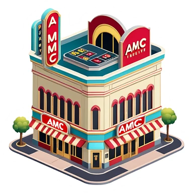 AMC movie theater exterior, isometric dollhouse-style, highly detailed  sticker