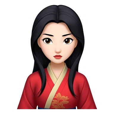 Cinematic Realistic Mulan Portrait, depicted with lifelike skin texture, soft natural lighting, and intricately detailed long black hair styled elegantly. Her deep, expressive eyes exude determination and grace, complemented by a serene yet confident expression. She is dressed in her classic attire, with rich fabric textures and delicate folds that catch the light beautifully. The portrait features a soft, enchanting glow with a natural, radiant finish, capturing the essence of timeless strength and beauty in a realistic and painterly style, evoking a sense of depth and authenticity. sticker