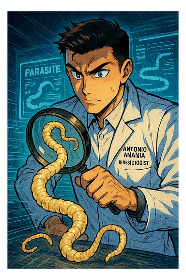 A dynamic manga/webtoon-style illustration of a young male kinesiologist wearing a clean white lab coat, analyzing light beige worms like a tapeworm under a magnifying glass. His expression is focused and slightly intrigued, with sharp, detailed eyes. The art style is vibrant, with bold linework, rich colors, and dramatic lighting. The background is a futuristic laboratory with glowing holographic screens displaying parasite data. The tapeworm is intricately drawn, slimy and segmented, with a slightly exaggerated yet realistic texture. The composition is dynamic, with motion lines or energy effects to emphasize his scientific investigation. The atmosphere is intense but not dark, keeping a balance between scientific seriousness and stylish manga aesthetics, he has "ANTONIO ANANIA" WRITTEN ON WHITE LAB COAT sticker