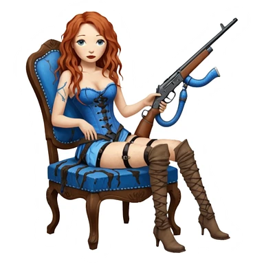 realistic cinematic Tori Amos sits on a rocking chair in a torn corset, holding an antique rifle and her bare feet are muddy. A blue snake is wrapped around the chair. sticker