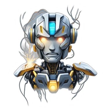 friendly transformers robot style AI with brain exposed circuit wires lightning explosion overwhelmed anime style sticker