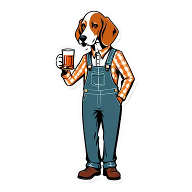 Hound dog in tangerine and white checkered overalls drinking whiskey sticker
