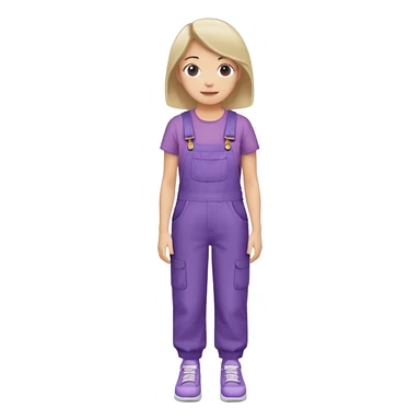 A woman emoji wearing purple overalls, with a neutral or slight smile, simple design, and casual style with white shoes sticker