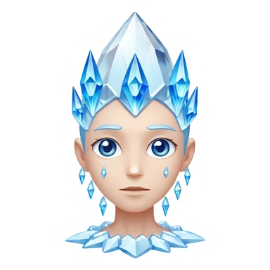 A single crystal character inspired by a clear quartz cluster, amorph base with many tall transparent crystal spikes growing upward all around it with a face sticker